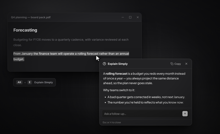 A document with a sentence selected and Rithere's Explain Simply card open beside the cursor, showing a plain-language answer