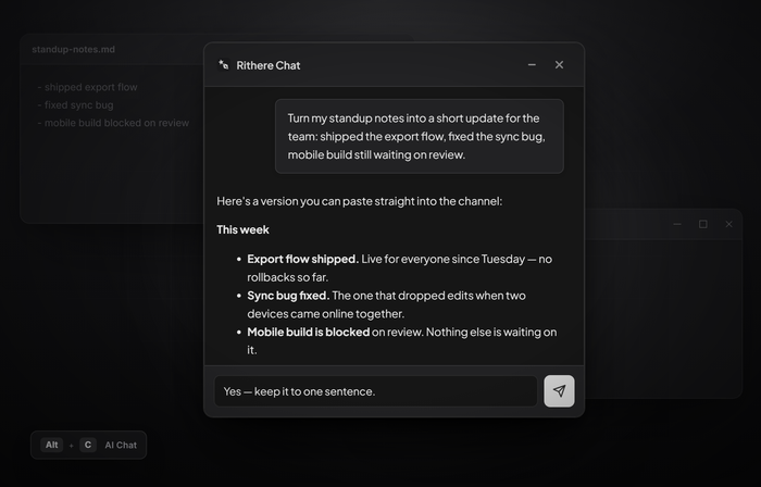 The Rithere chat window floating above two other application windows, mid-conversation