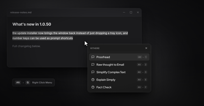 Rithere's right-click menu open at the cursor over a document, listing prompts and asks with their shortcuts