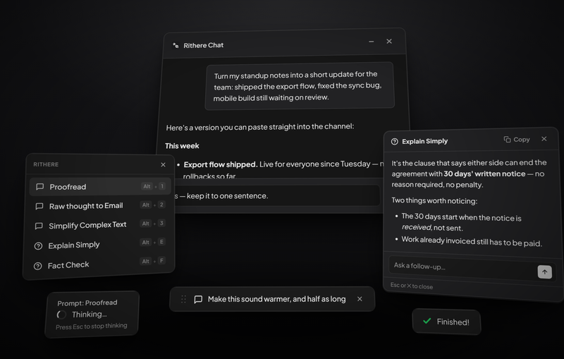 Rithere's surfaces together: the chat window, the ask card, the right-click menu, the custom prompt bar and the status bubbles