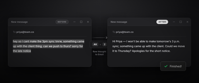 The same email before and after pressing Alt plus 2 — a rough note on the left, a polished message on the right, with a Finished confirmation