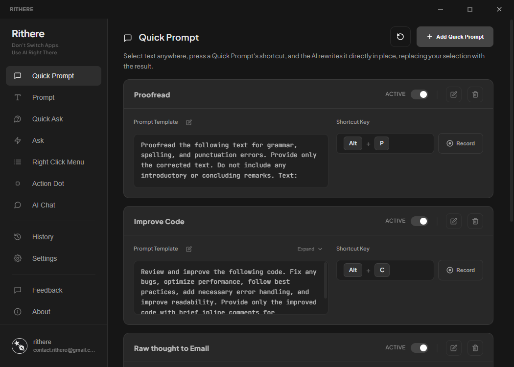 Rithere App Interface - Prompts Menu